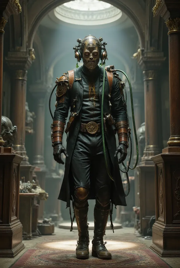 Cyborg retrofuturistic steampunk, Zombie, automaton, various prosthetic parts, Victorian steampunk, with steampunk leather suit from which numerous hoses connected to a backpack come out, helmet with hoses that distribute green liquid, edificio Victorian s...