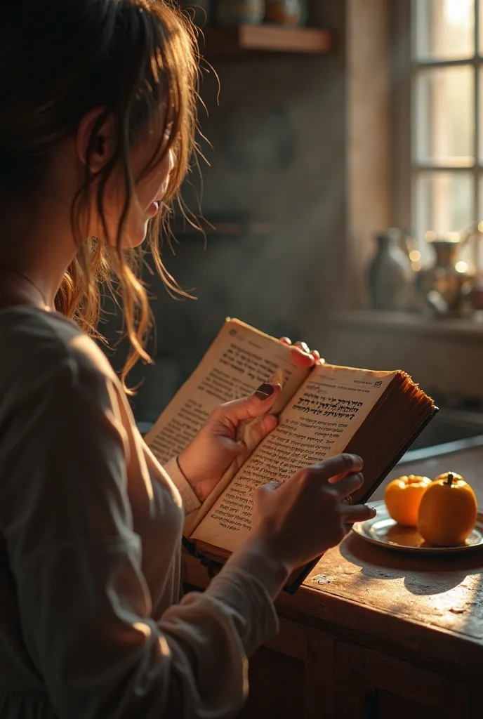 First view person Two hands of a woman holding a book called Psalms in hebrew in the kitchen