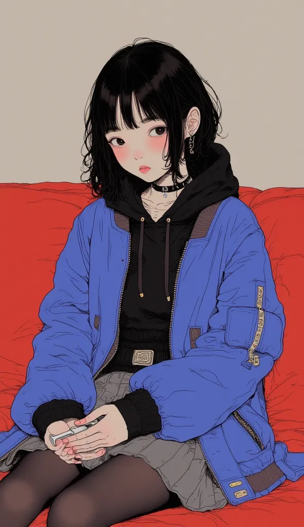 A Korean girl with disheveled short hair down to her shoulders, wearing a blue bomber jacket with a black hoodie underneath. She is sitting on a red sofa. Her hand is holding a smart phone. She is wearing a gray skirt and black tights. She is wearing white...