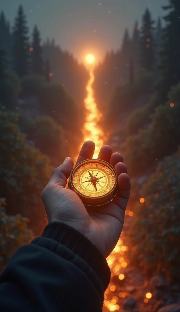 Create an image of a person holding a glowing compass, with the needle pointing toward a bright, distant star. The path ahead is illuminated, while the background is filled with shadows and obstacles, symbolizing the clarity that comes with purpose. Use a ...