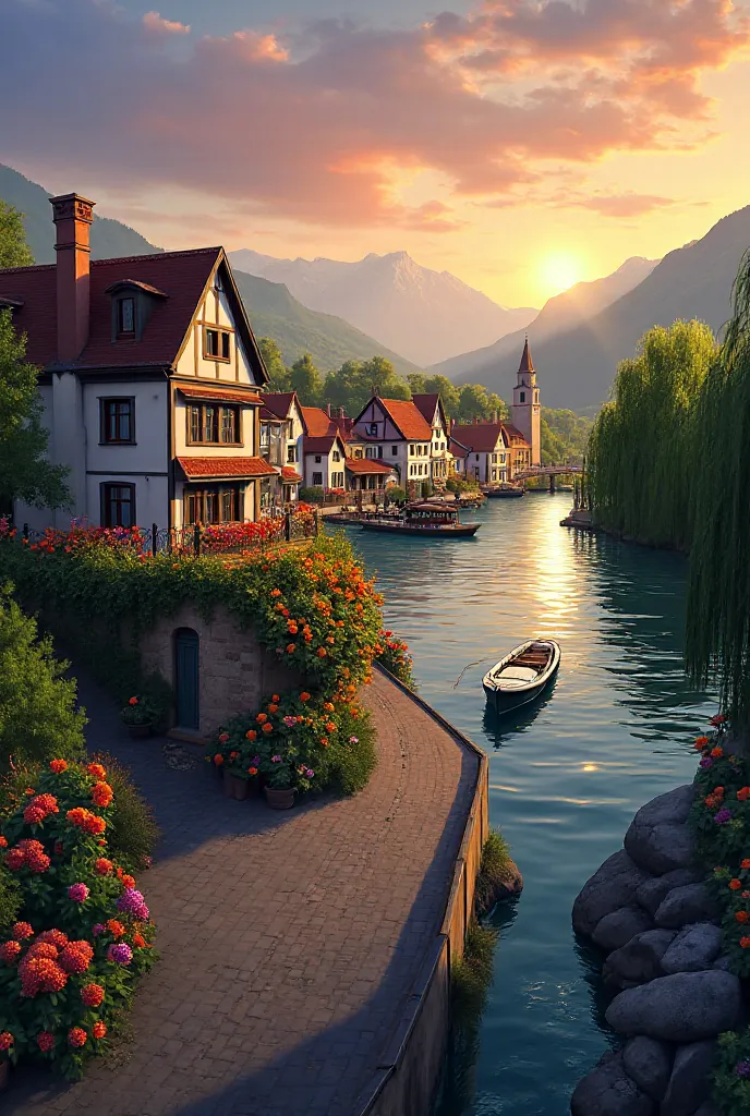 A small village by the river,  mountains in the background ,  colorful flowers, detailed landscape, beautiful natural scenery, atmospheric lighting,  scorching sunset ,  warm colors, practical, photographic, detailed foliage, complex buildings ,  Cobblesto...