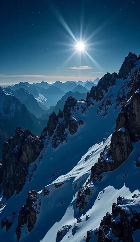 Aerial view captured by a drone at night over the Pyrenees on the border between France and Spain, under a full moon, diagonal angle, slowly descending, rocky peaks bathed in silvery moonlight, reflections on snow and slopes, cold lighting with an ethereal...