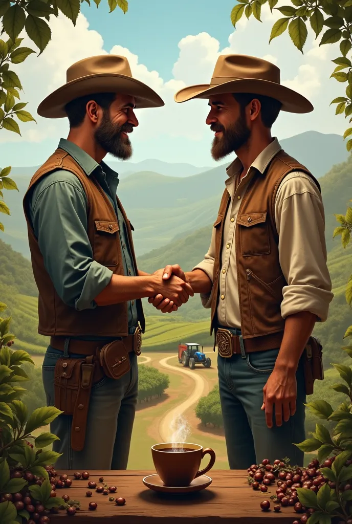 Create a photorealistic 3D poster, oil painting on canvas to illustrate the meeting of coffee producers showing two cowboys greeting each other with a handshake, On the left side of the beard he wears a cap, on the right side without a beard he wears a lea...