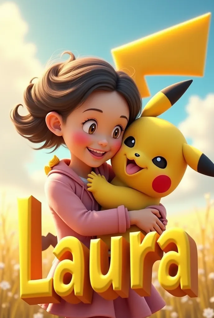 Poster with 3D image of a  girl with Pikachu in her arms and the name LAURA in 3D