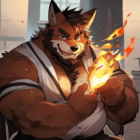 fox, furry, fire color fur, fire powers, handsome, very muscular, very big, extremely hot and sexy, beard, hair, chest hair, charming eyes, solo, male, happy expression, daddy, full body, big body, clothes, middle aged, by hyaku, by darkgem, by glitter tra...