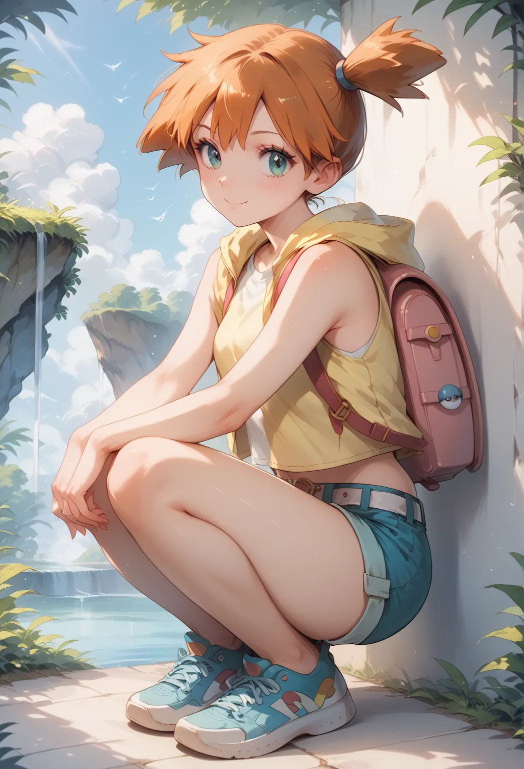 Misty_ Pokemon  , orange hair, wearing a sleeveless shirt with a yellow hood, she also draws blue shorts with a white belt and a pink buckle,  blue sneakers , a very adorable Psyduck backpack
( insanely detailed, beautiful detailed face, masterpiece, the b...