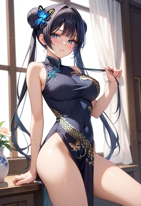 masterpiece,  best quality,  perfect face,  highest resolution, Ryuge Kisaki,  1 girl,  young,    black hair,  bun hair ,  twin tails, Butterfly Hair Ornament,  long hair,  Big Breasts, chinese dress , Dragon print , mini dress with golden embellishments,a...