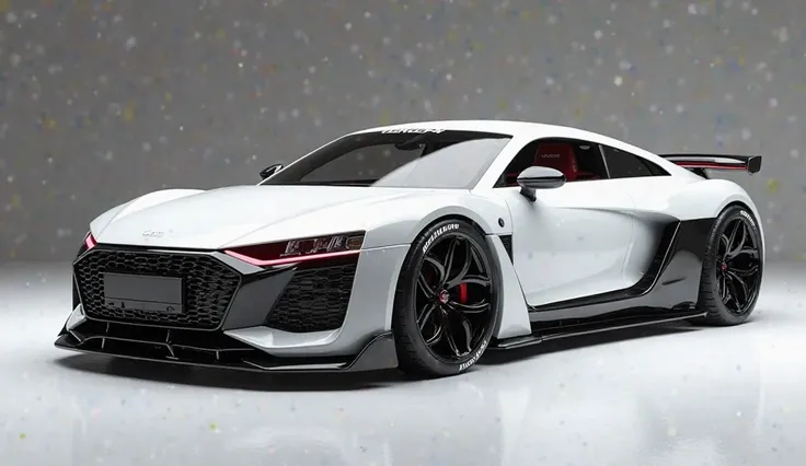 create an ultra-detailed 3D render close right  view, of front angel modern ( 2025 Audi RX-7 ) with a bold designy  looking long like limousine captured from close right view front angle The car should feature a 'Gleamy oily white 'color and black accents ...