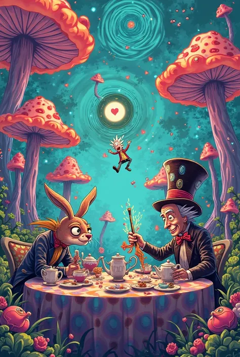 Tea table with the crazy hatter, Alice in Wonderland the rabbit with the psychedelic stick, with Rick and Morty falling from a portal in the sky while they are in a colorful mushroom forest