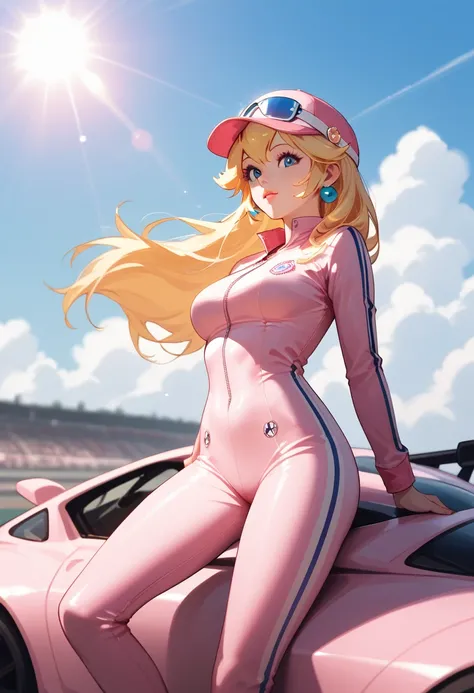 Peach leaning on your racing kart, pink pilot jumpsuit, Sensual, sun rays,  tight clothes 
