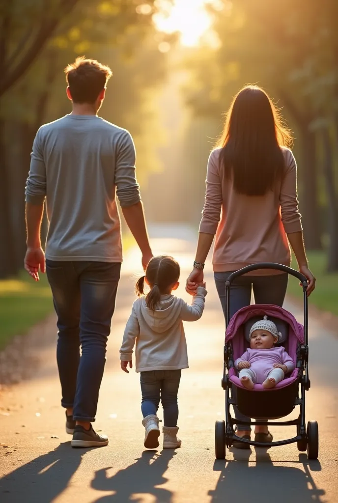 Husband and wife and three ren.  girl,  boy and 10 days old newborn boy 
. Two s walk hand in hand with parents and another newborn in a stroller. Mom brunette dad brunette. They go with their backs and far