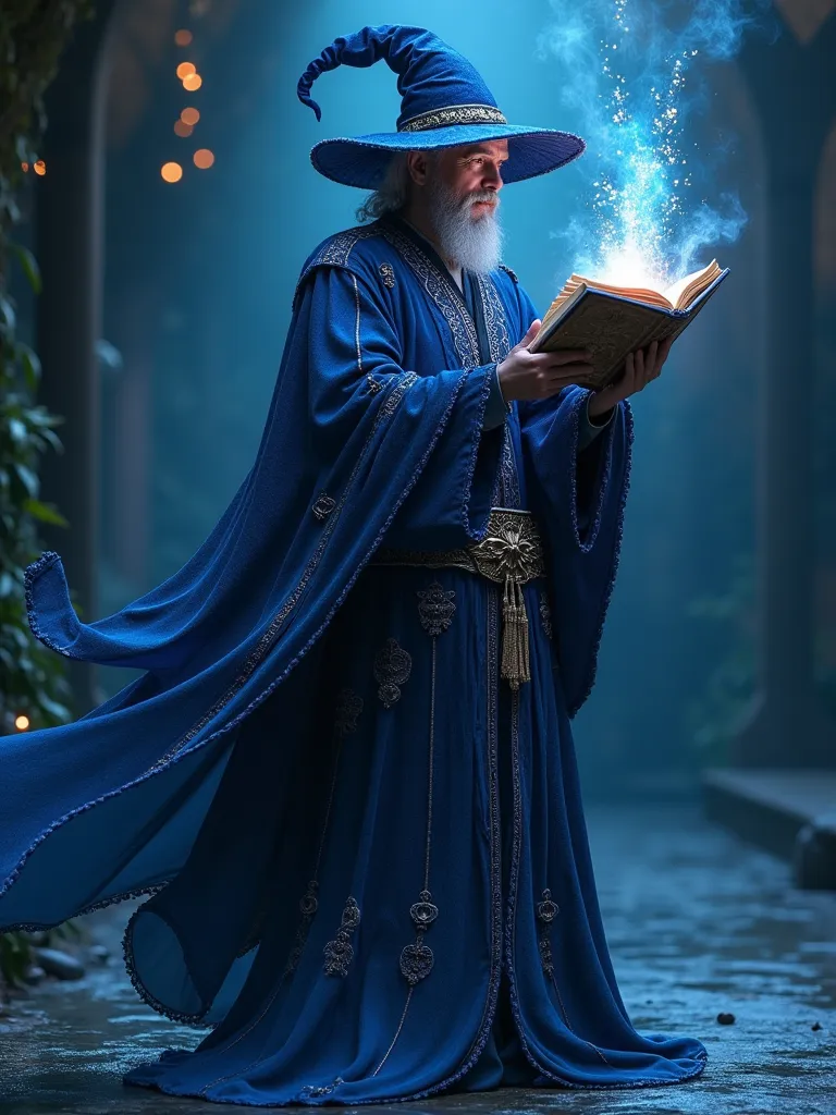 3D Exquisite，A great magician dressed in a blue black line embroidered pattern with a blue black line embroidered pattern，Magical forbidden book catalog with sparkle in hand，spell generates water flow around，in the faint glow of no people，Magic sparkles wa...