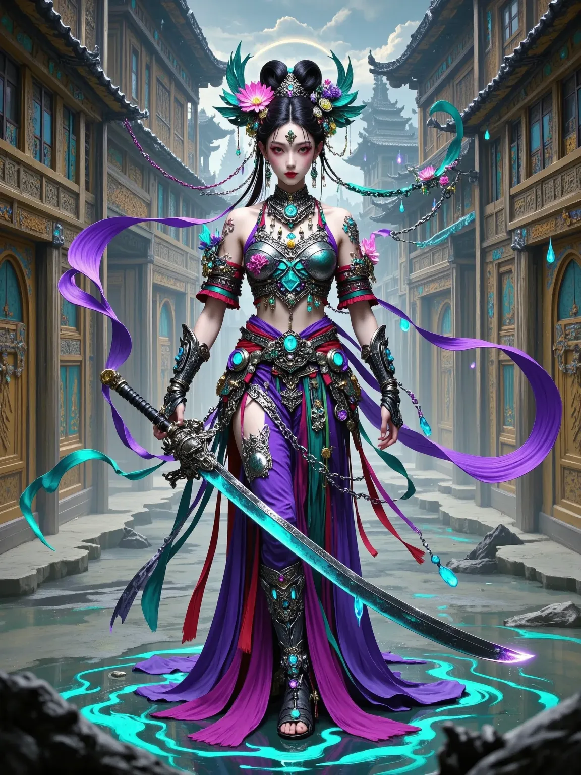 (cyber ronin aesthetic:1.5), (carbon fiber armor:1.4), 20yo warrior girl, (photonic blade:1.3) 532nm wavelength, (neural interface:1.2) #FF00FF glowing patterns, (tattered kimono:1.1) with reaction-diffusion burns, (holographic mon:1.4) particle reconstruc...