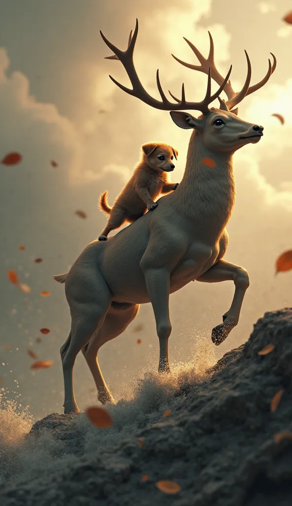 A hyper-realistic 3D-rendered intense action scene. The puppy clings tightly to the deer’s antlers, its small paws gripping as it is lifted from the crumbling edge. The deer’s muscles are visibly tense, showcasing its strength and determination. The wind r...