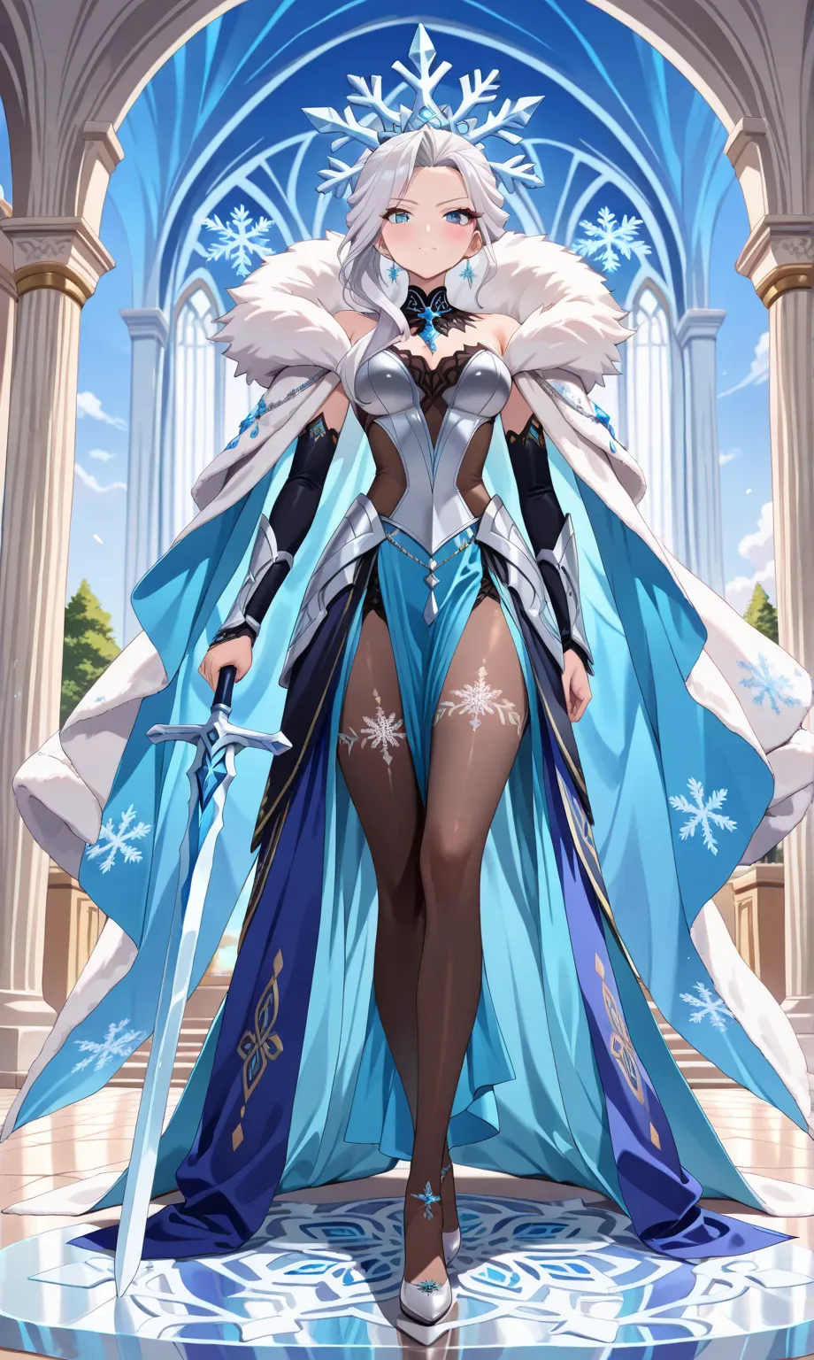 (((masterpiece, best quality, high detailed, 16k))) (1girl) A cold and majestic figure with long white hair and icy blue eyes, dressed in armor made of ice and frost. Snowflakes swirl around her as she commands the bitter chill of winter. Her expression is...