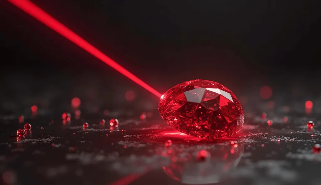 A minimal dark hyperrealistic aesthetic red laser beam that engraves a rounded flat mirror polished high resolution charm with in background some space like floating abstract diamonds ultra reflective shapes