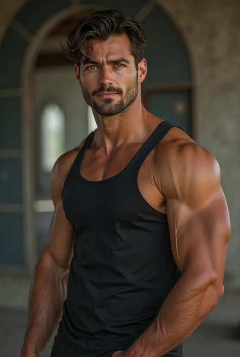  a man with dark brown hair, strong, with medium green eyes, with a constricted jaw, a seductive little smile with sportswear and a black tank top.
