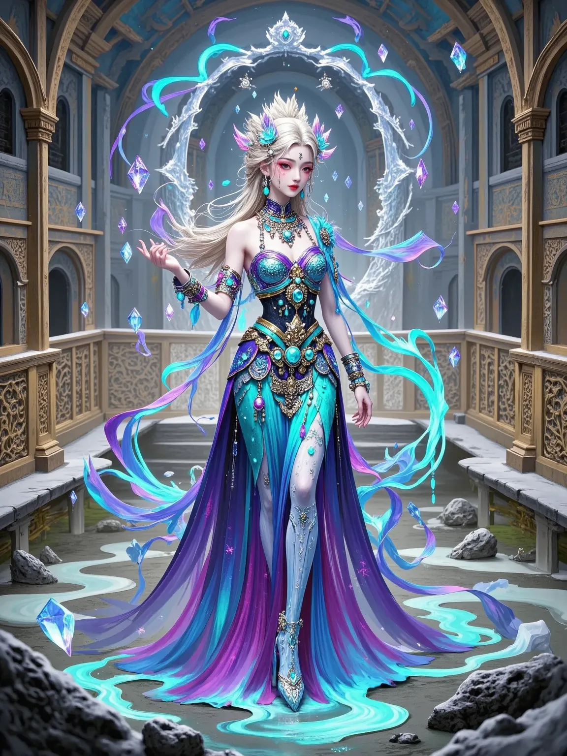 Character: Elsa (Frozen)
Platinum blonde hair in braided updo, ice-blue gradient dress with snowflake embroidery. Swirling frost magic emanating from hands, translucent ice heels leaving frost patterns. Ice castle balcony backdrop, diamond-shaped crystals ...