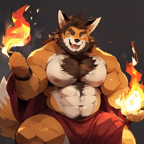 fox, furry, fire color fur, fire powers, handsome, very muscular, very big, extremely hot and sexy, beard, hair, chest hair, charming eyes, solo, male, happy expression, daddy, full body, big body, clothes, middle aged, by hyaku, by darkgem, by glitter tra...