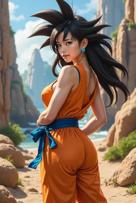 A hyper-realistic image of a powerful, female version of Goku, but reimagined with a curvier, strong physique,semi nua,de calcinha e sutiã ,sem roupa 