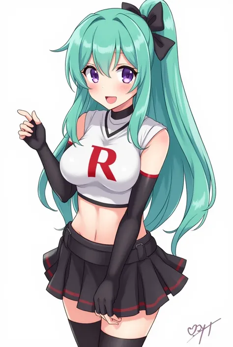 Long Teal Hair, Ponytail, hair ribbon, 1girl, solo, purple eyes, large breasts, anime coloring, team rocket, team rocket uniform, black skirt, Red Letter R, Crop top, black thigh highs, black elbow gloves,