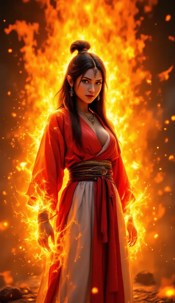 Live Wallpaper 4K High Definition, Long Haired Girl With Fire, His Body Is Flames, He Stands In Front Of The Fire, Samurai Warrior Guardian In Red And White Kimono, Realistic Human, CG Animation, Mana, Indian Warrior, Unreal Engine, High Performance, Scary...