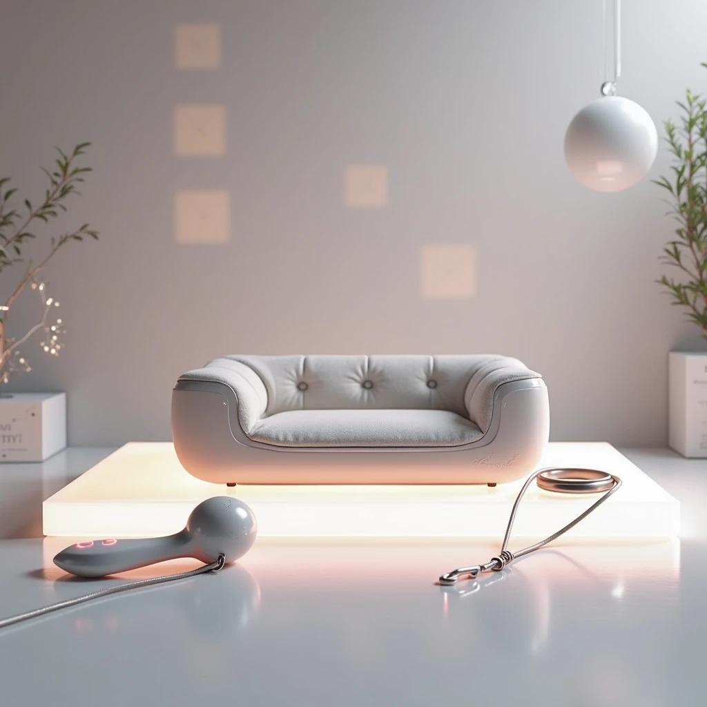 a realistic, futuristic e-commerce-style image featuring a sleek, minimalist setup. The scene includes a glowing, soft-white platform with a high-quality, modern pet bed in the center, designed with clean lines and neutral tones. Beside the bed, place a st...