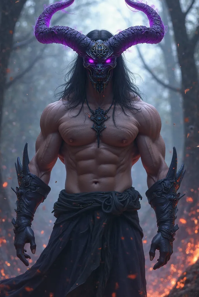 Create a god of death that has a fit body and no shirt, has black hair and black horns with purple tips and has a mask