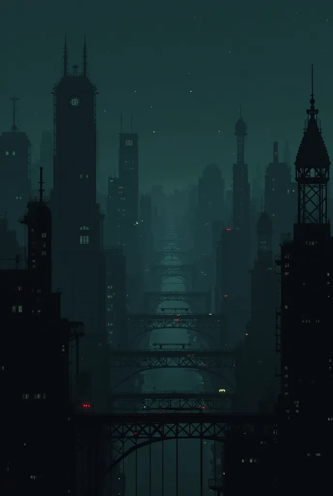  a dark city. Very dark black sky. At night with dark-toned light. without people. ( buildings , Bridges,etc).