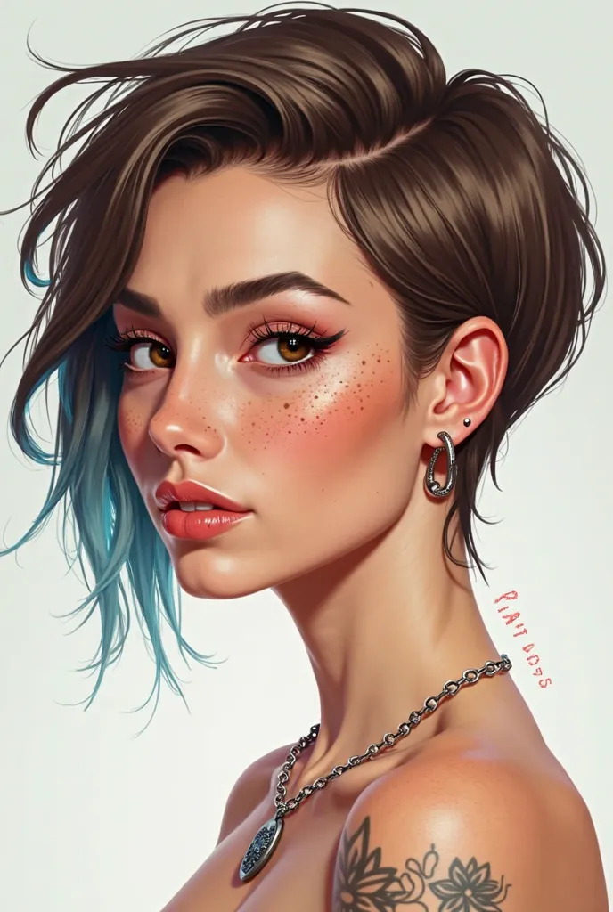 2D digital illustration of a withe woman with a short brown hair with a blue hair strands. She has freckles on her face and a labret piercing on her left eyebrow, she has some piercings on her ears and a small scar under her right eye. She has a small lotu...