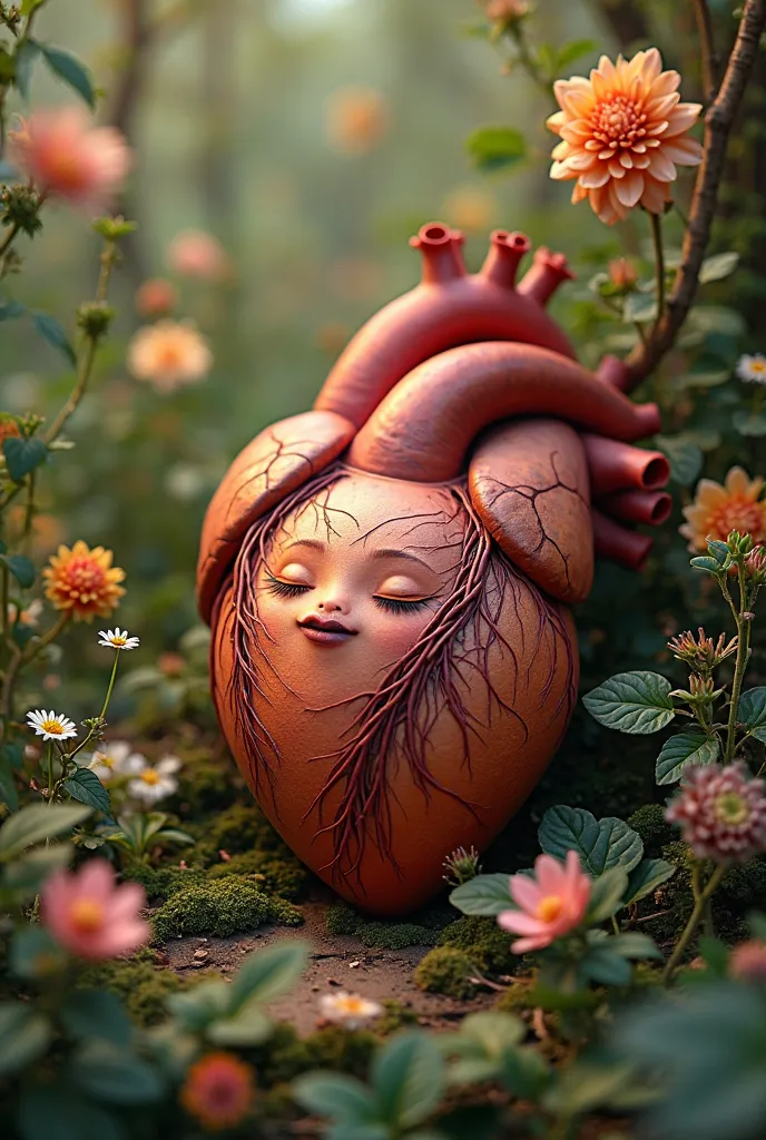 create an image of a human heart with an expression of understanding and tranquility, surrounded by fresh flowers and greens, symbolizing understanding and connection with nature.