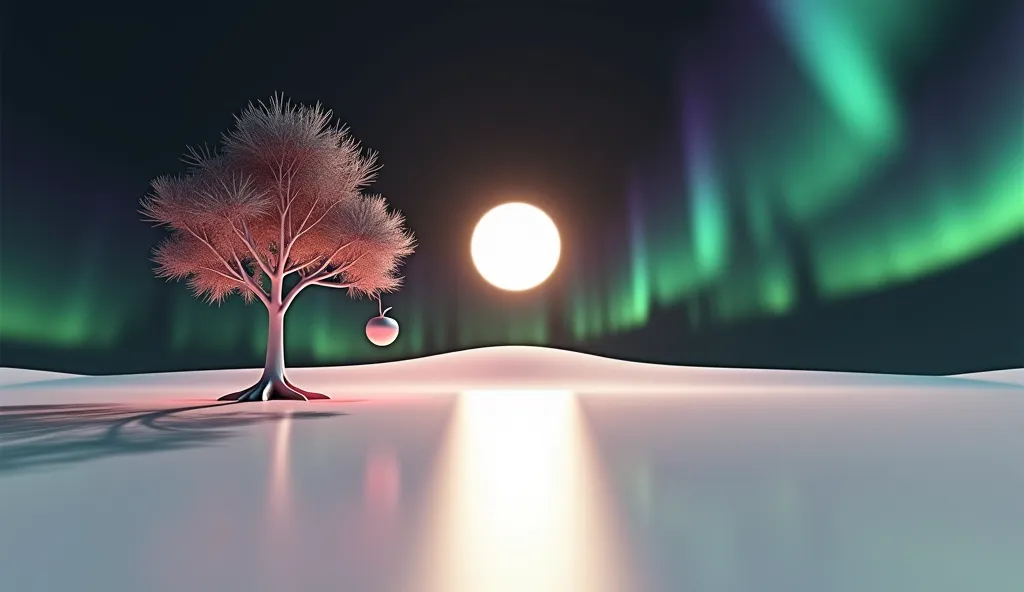 A minimalist 3D render of a surreal landscape. A smooth, geometric plane stretches towards a horizon where a single, perfectly spherical sun hangs low in the sky, casting a stark, single shadow. A single, impossibly tall, metallic tree pierces the landscap...