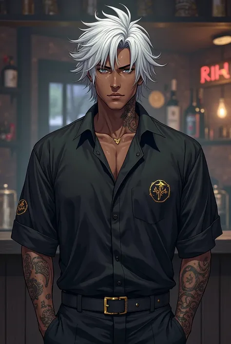 Realistic anime style of an adult black man with gray eyes and white hair messy tattoos.  look serene  . Dark black clothes with gold details, standing with in the pocket,  In front of a bar