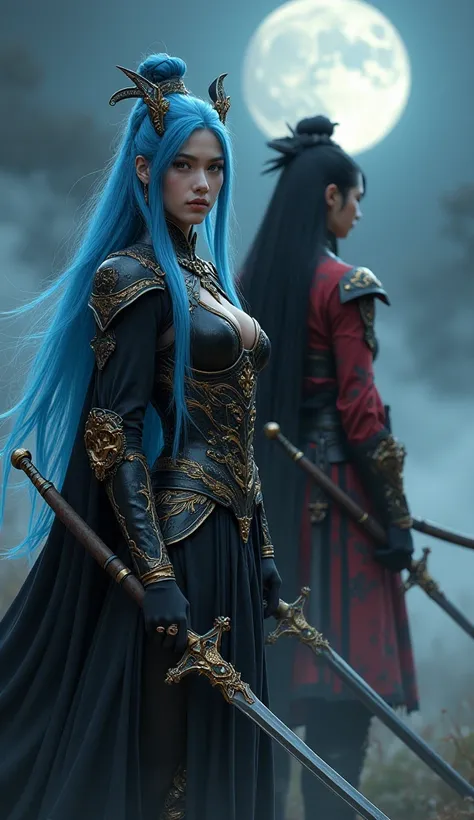 A dark fantasy warrior in a mystical and enigmatic. She has long blue hair with an ethereal sheen, and expressive and determined eyes. Her armor combines black metallic elements with gold details, evoking an air of royalty and mystery.  on its side, anothe...