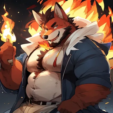 fox, furry, fire color fur, fire powers, handsome, very muscular, very big, extremely hot and sexy, beard, hair, chest hair, charming eyes, solo, male, happy expression, daddy, full body, big body, clothes, middle aged, by hyaku, by darkgem, by glitter tra...