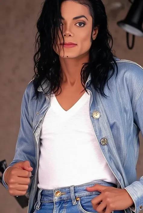 mikejacksonflux mikejacksonflux, michael jackson Posing for a professional photoshoot wearing a white T-shirt & jeans , his hair perfectly pulled in a long ponytail