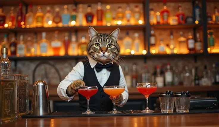 A lone cat bartender stands at the counter of a trendy bar. He wears a smart vest and bow tie and exudes an air of professionalism. Cocktail shakers and colorful liqueur bottles are lined up in front of the cat, who skillfully uses his paws to shake the sh...