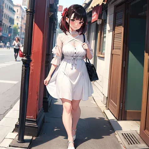 girl, stylish,  dress pink,  White details ,  black hair with red highlights ,  tied hair, slipper,  beautiful, beautiful, perfect face, walking toward the spectator, holding a women's bag. HD, details altos, detail, porn, masterpiece, HD,  smile. 