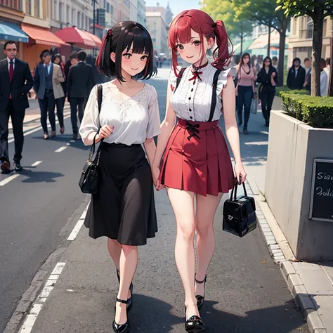 girl, stylish,  dress pink,  White details ,  black hair with red highlights ,  tied hair, slipper,  beautiful, beautiful, perfect face, walking toward the spectator, holding a women's bag. HD, details altos, detail, porn, masterpiece, HD,  smile. 