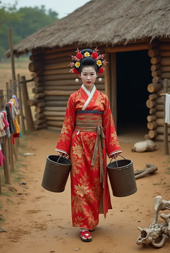 a Chinese geisha wearing traditional clothing and makeup, carrying buckets of water in a dry setting, typical of Northeastern Brazil where in the background there is a log house surrounded by thin logs of 1,20 m surrounded by barbed wire where typical Chin...