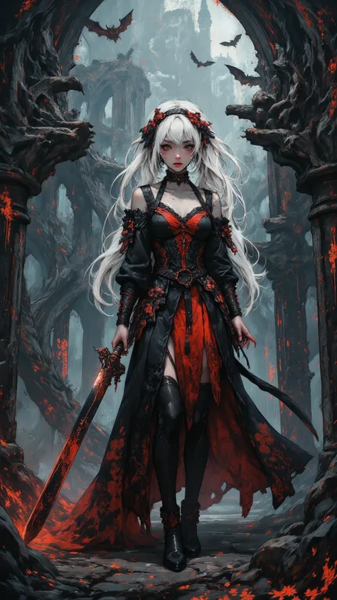 High Quality Gorgeous Dark Fantasy Japanese Vampire Girl,White Hair Vampire Hime,Headband Black Bow,Black and Red Gothic Lace Skirt with Long Leggings Leather Boots,Double-handed Gripping Floral Bloodline Giant Sword Chopping Position,Thick Blood Mist Surr...