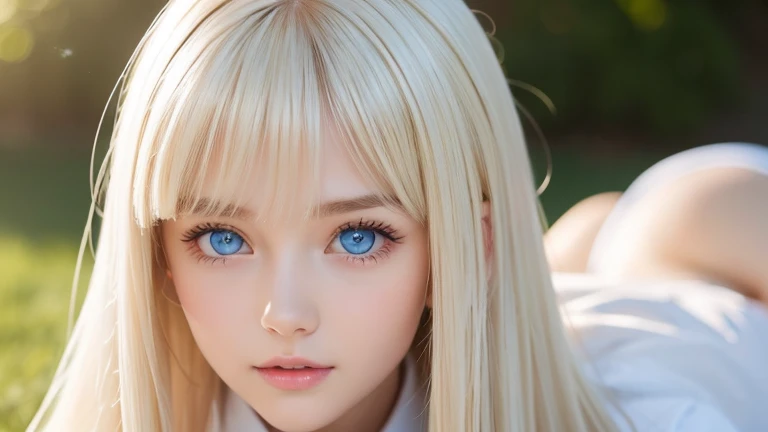 portrait、A stunning blonde beauty、School uniform、 bright expression 、ponytails for beautiful people、 young, shiny, radiant white shiny skin、Gloss Face、Cheek Gloss Highlight、The best beauty、Reflected light on bright blond hair 、 platinum blonde hair with da...