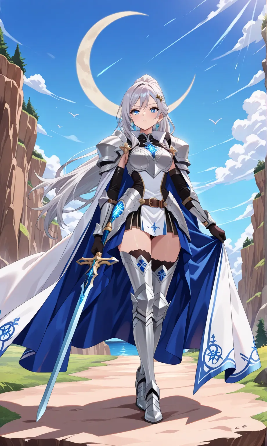 (((masterpiece, best quality, high detailed, 16k))) (1girl) A fierce warrior with short silver hair and glowing blue eyes, wearing light silver armor with a crescent moon emblem on her chest. Her flowing cape trails stardust as she wields a shining spear. ...