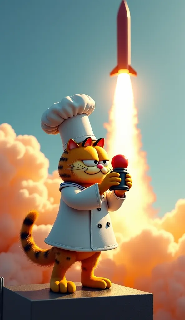 "with a clutch pressing a very red button. The missile is launched in the sky, leaves behind it are thick smoke. {x} is a very luxurious cat with feet, closer to Garfield, standing on a dynamic abandonment platform, wearing white cooking and a chef hat. is...