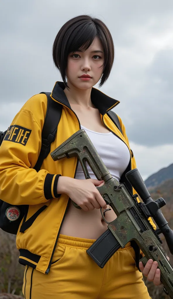 The image features a female character from the game Free Fire. She has a striking look ,  with short, dark hair , a straight cut with fringe and a scar on the left cheek. She wears a yellow sports jacket with black details and the word "FREEFIRE" written o...