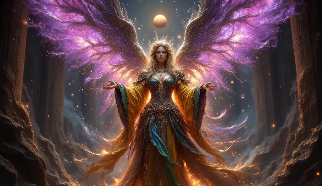 a(colors: purple, yellow, blue, green, orange, black)

A grand celestial winged angel woman stands in an ethereal environment, draped in majestic robes with intricate details, showcasing a powerful pose. The figure holds a staff in one hand and gestures to...