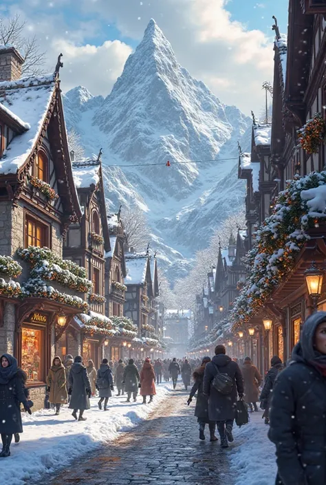 A street full of people in a cold, mountainous town 