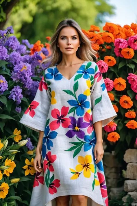 Woman wearing loose linen dress covered in flowers blossoms, vivid eye catching colors and interesting structure, award winning 