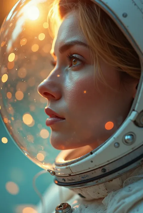 A mesmerizing close up portrait of a beautiful astronaut, illuminated by the soft golden light of a quiet morning, with vibrant bokeh balls frame a picture、(photorealistic:1.4)、(  is hyperrealistic :1.4)、(Cinematic Camera:1.5)、Astronaut submerged in colore...