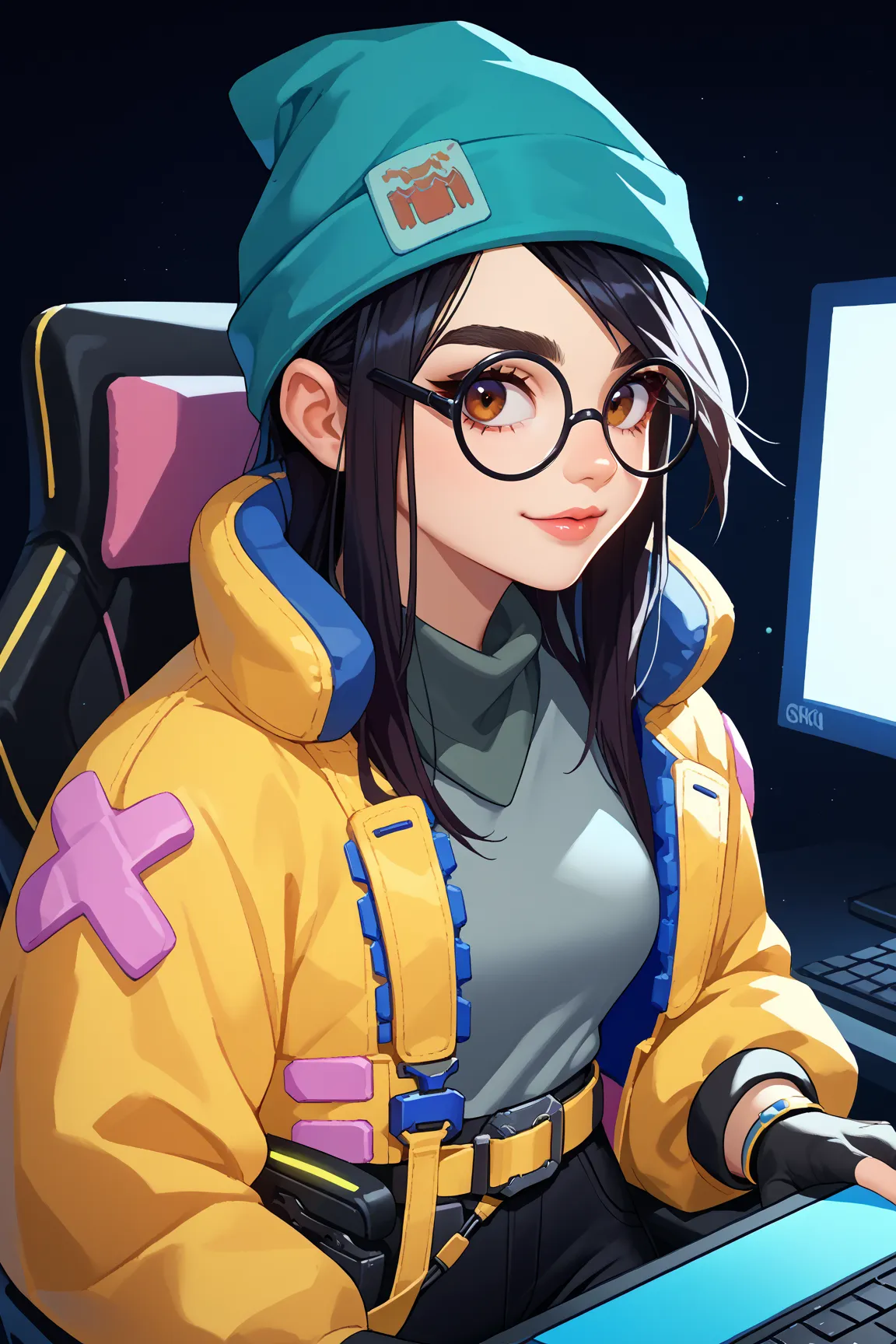 score_9, score_8_up, score_7_up, score_6_up, source_anime, 1girl, solo,  valoKJ, black hair, brown eyes, green beanie, round glasses, yellow jacket, grey shirt, partially fingerless gloves, yellow belt, black pants, computers, indoors, computer screens, up...